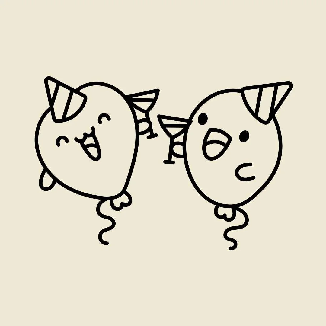 Cute line drawing of two unicorn-shaped balloons with smiles, holding hands, against a plain background.