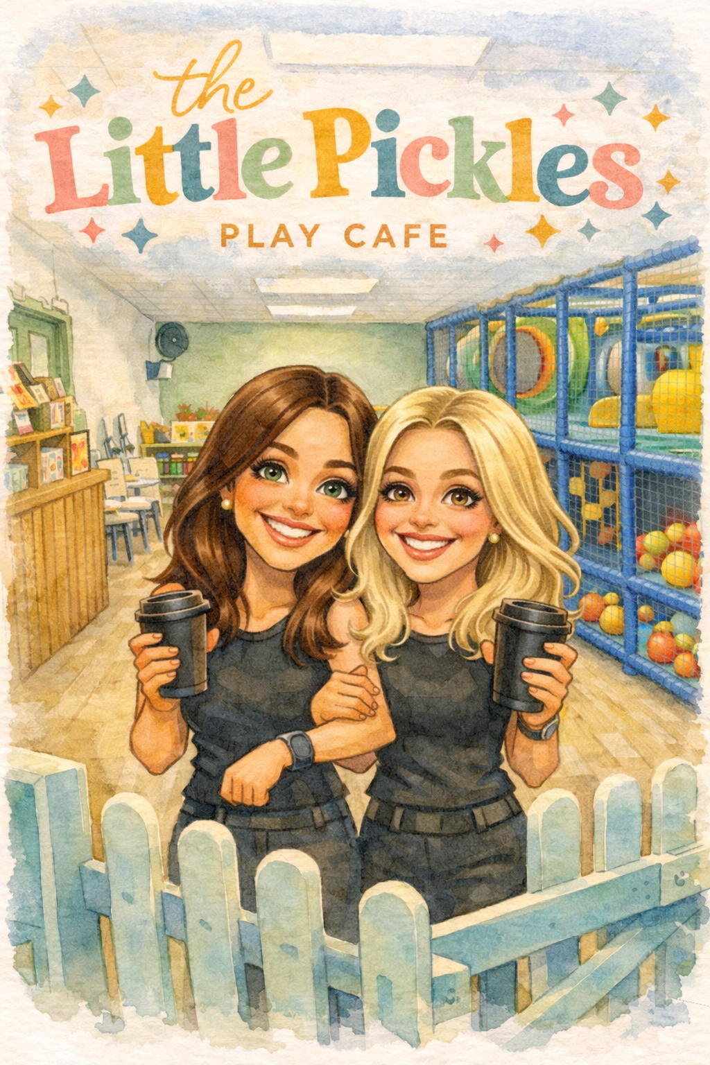 Two smiling women holding coffee cups inside a play cafe with soft play structures and bookshelves in the background.