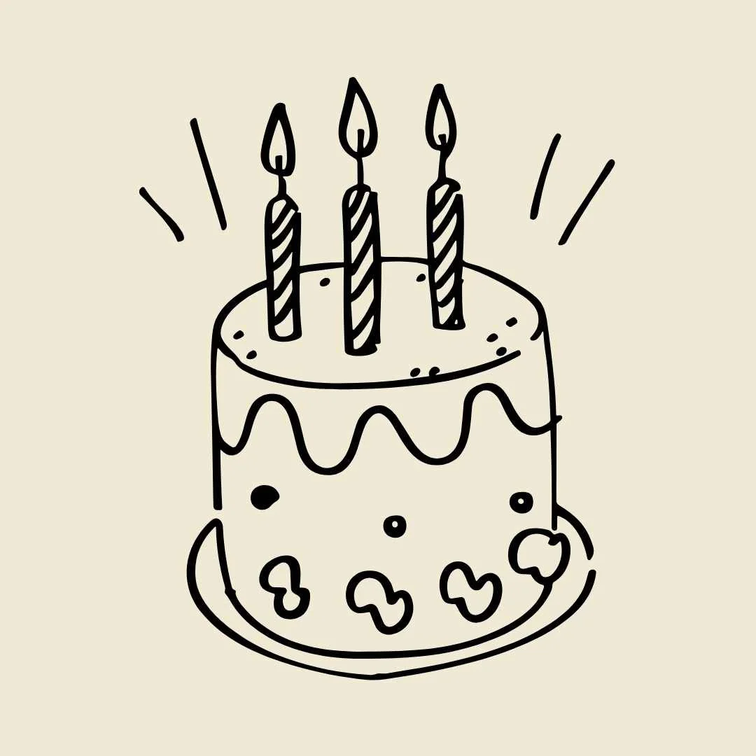 Black line drawing of a birthday cake with three lit candles and decorations.