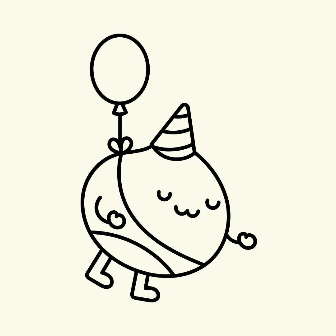 Cute cartoon character resembling a round fruit or vegetable, wearing a party hat and holding a balloon.