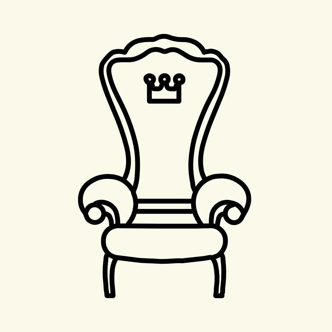 Line drawing of a throne with a crown symbol on the backrest.