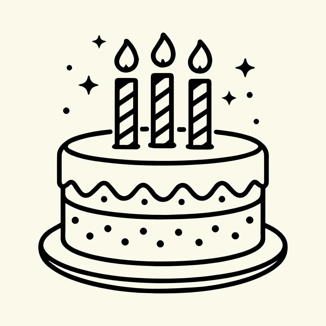 Line drawing of a birthday cake with three lit candles and sprinkles, on a plate, with stars and confetti around it.