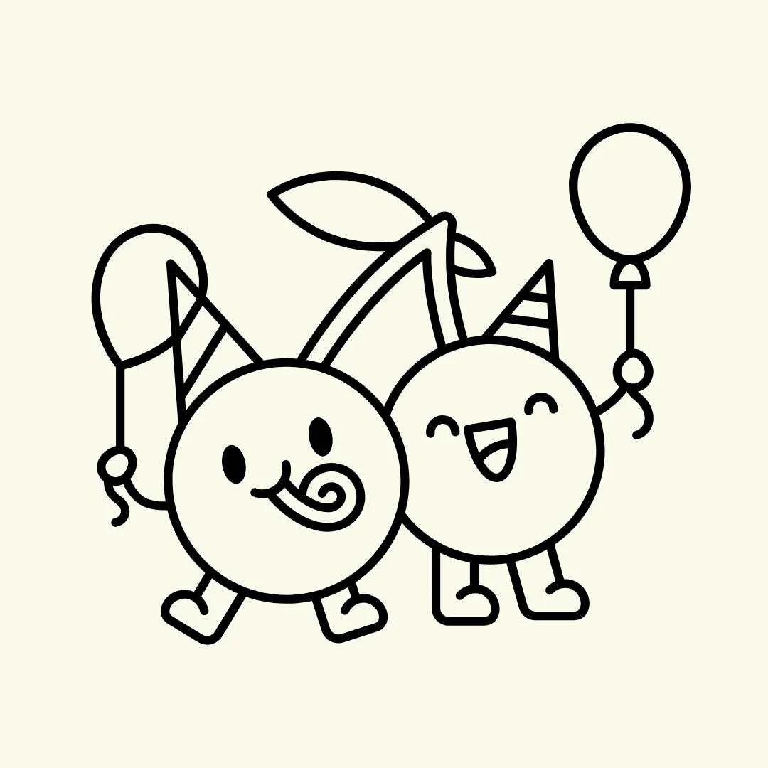 Cute black and white line drawing of two cartoon cherries celebrating, wearing party hats, holding balloons, with smiling faces, one with a tongue sticking out and the other with a wide open mouth.
