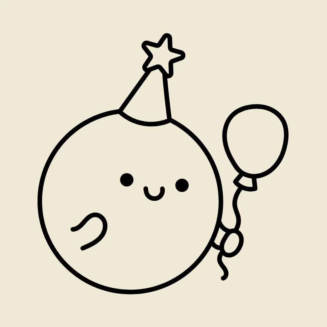 Cute, round character with a smiling face, wearing a party hat with a star on top, holding a balloon.