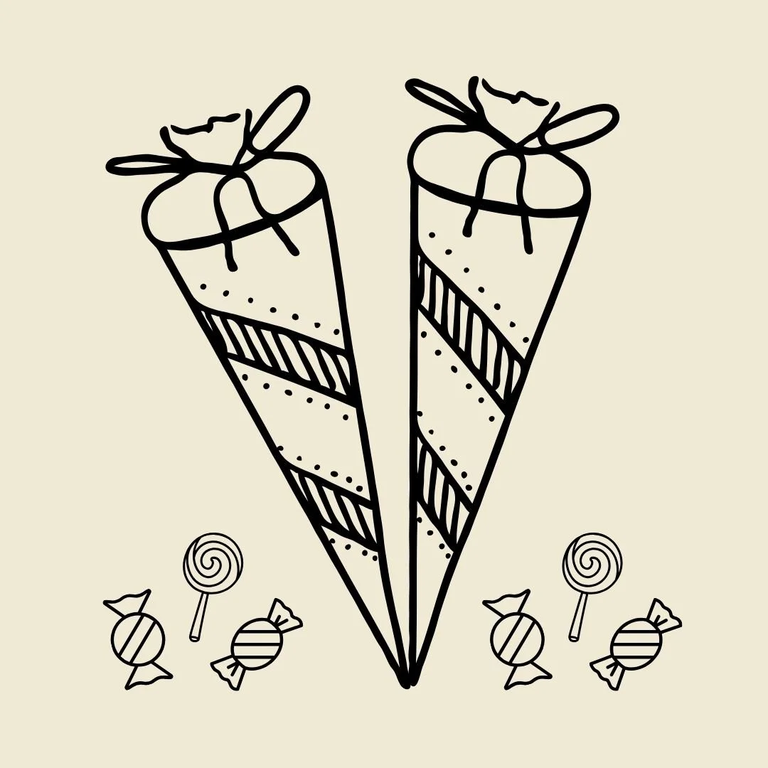 Outline drawing of two large wrapped candies with tied ribbons and three small candies with swirl patterns at the bottom on a light background.