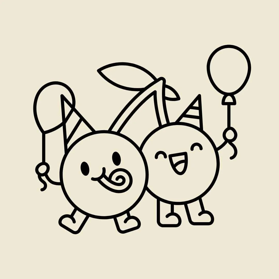 Black and white line drawing of two happy, round fruit characters wearing party hats holding balloons, with one holding a cupcake with a cherry on top.
