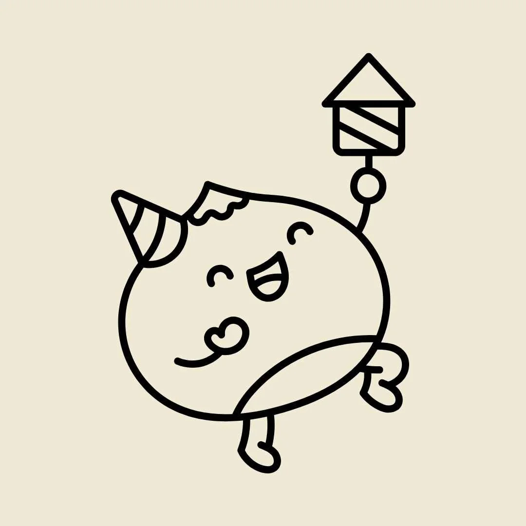 Line drawing of a happy, cartoon unicorn with a party hat, holding a balloon.