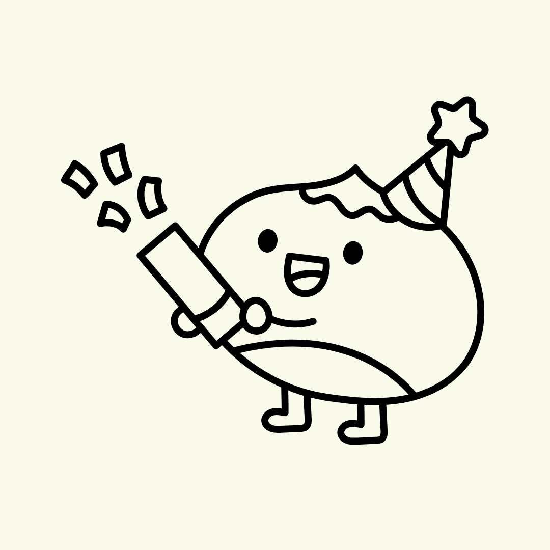 Cute cartoon tomato character wearing a party hat, holding a sparkler, celebrating
