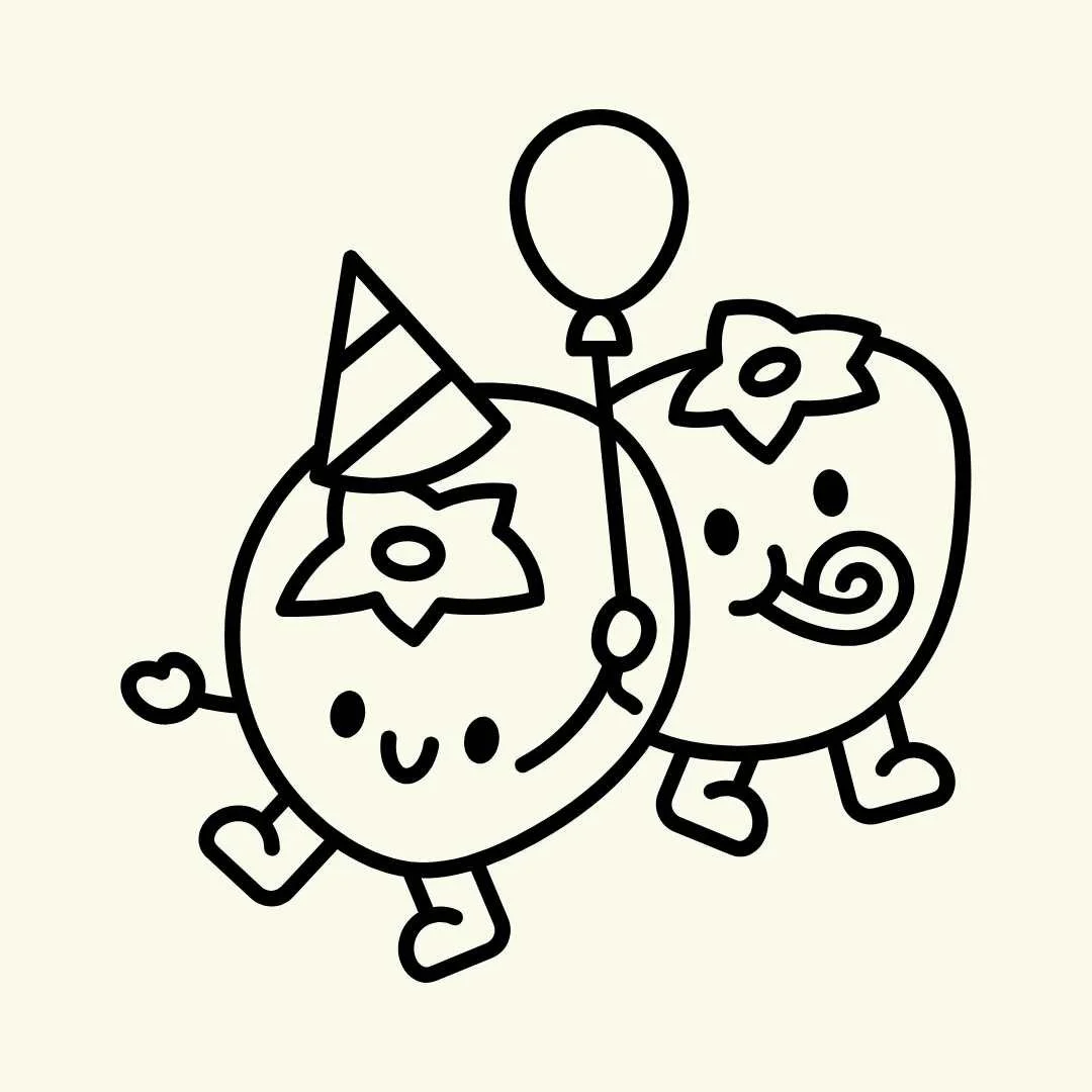 Black and white drawing of two cartoon tomatoes celebrating a party, with one wearing a party hat, holding a balloon, and both with smiling faces and flowers on their heads.