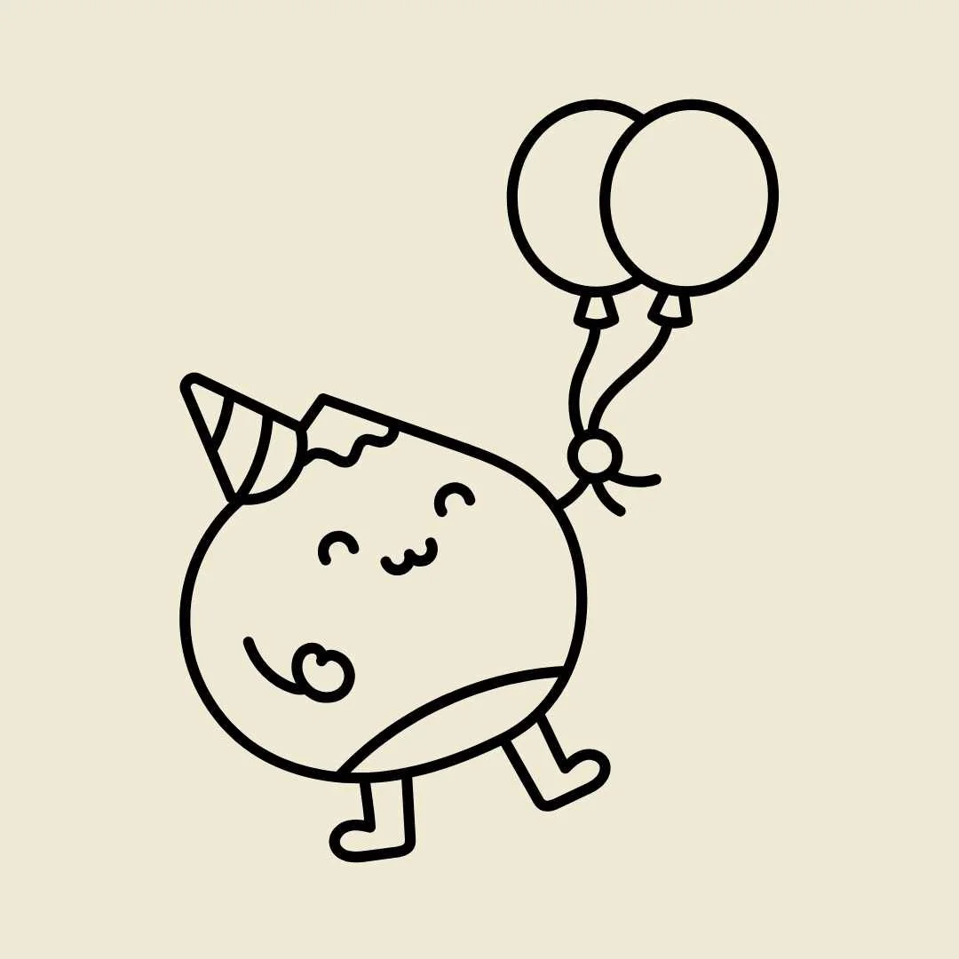 A cute, cartoon-style drawing of a round character with a smiling face, wearing a party hat, holding two balloons, with arms and legs in a playful pose.