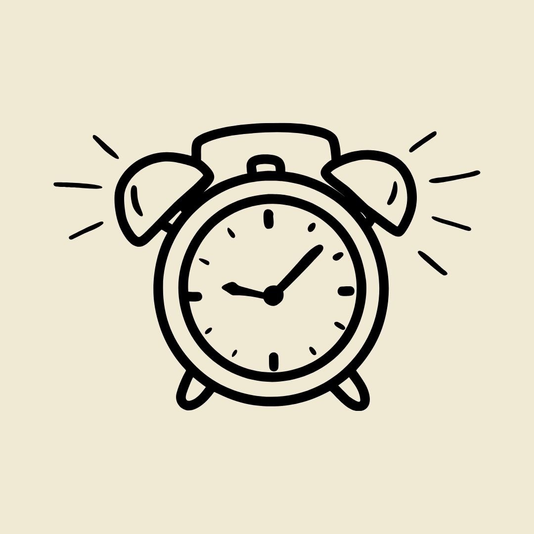 Black outline drawing of an old-fashioned alarm clock with bells ringing, on a light background.