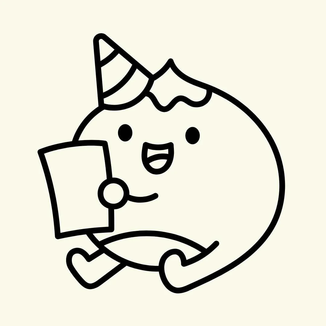 Cute cartoon character with a round body, small limbs, a party hat, and a big smile, holding a rectangle with a circle handle.