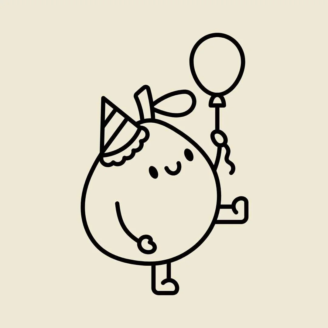 A cute, minimalist line drawing of an egg with a smiling face, wearing a party hat and holding a balloon, on a beige background.