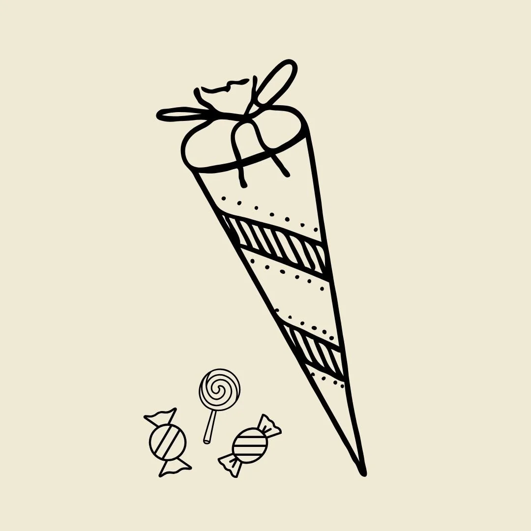 Drawing of a conical party hat with decorative stripes and a bow on top, along with three small wrapped candies and a lollipop below it.