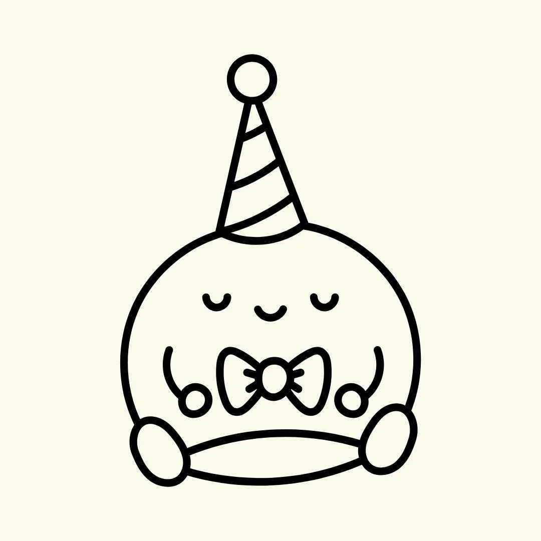 Line drawing of a cute round animal with closed eyes and a smiling face, wearing a party hat, bow tie, and holding a small ball with its paws, sitting on the ground.