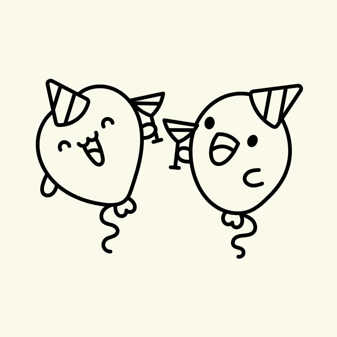 Black and white line drawing of two cute unicorn-themed balloons with smiling and surprised facial expressions.