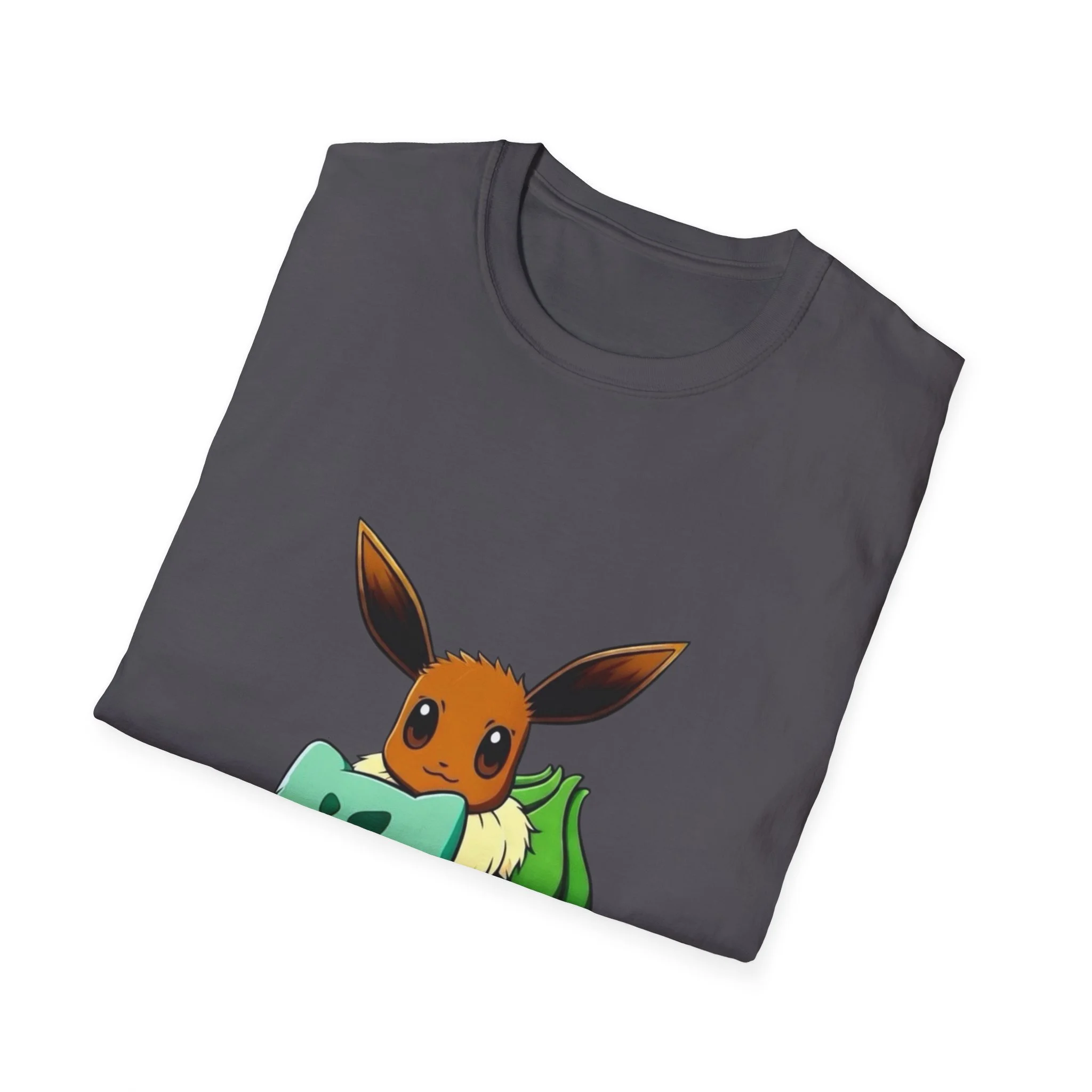 Gray T-shirt with a Cute Brown Fox Riding Green Plant Dinosaur on it, depicted holding a green leaf and looking forward.