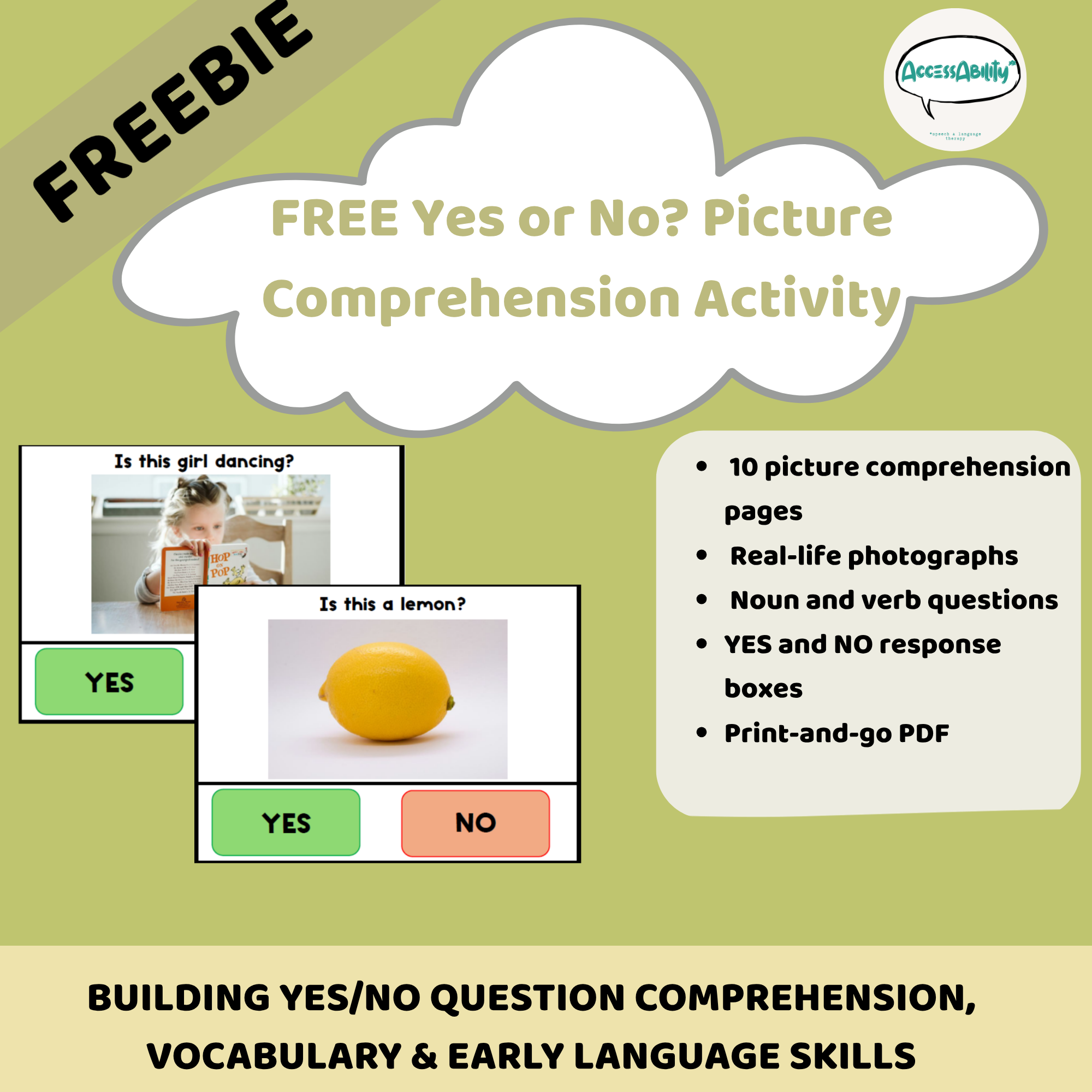 FREE Yes or No? Picture Comprehension Activity | Nouns &amp; Verbs | Speech Therapy