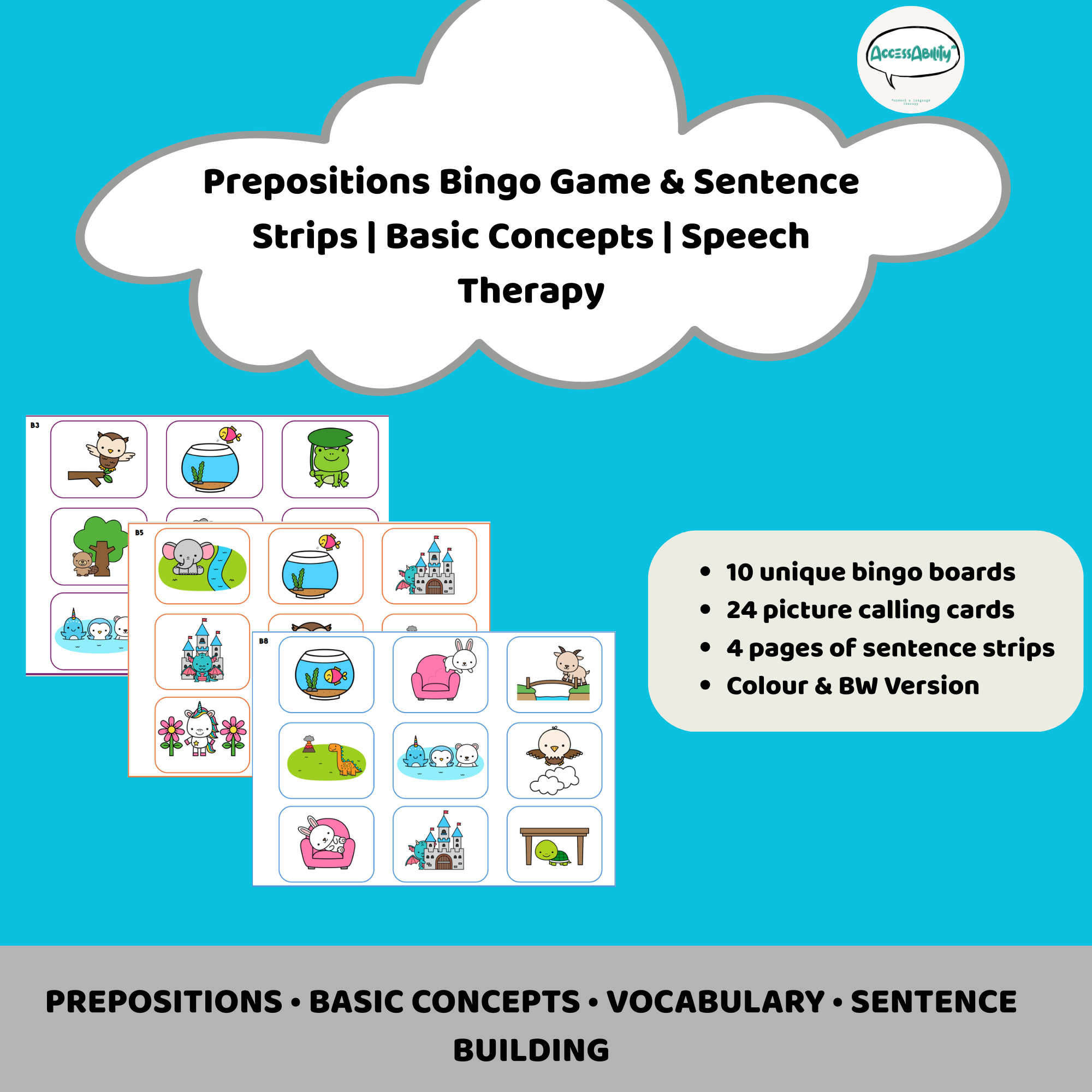 Prepositions Bingo Game &amp; Sentence Strips | Basic Concepts | Speech Therapy