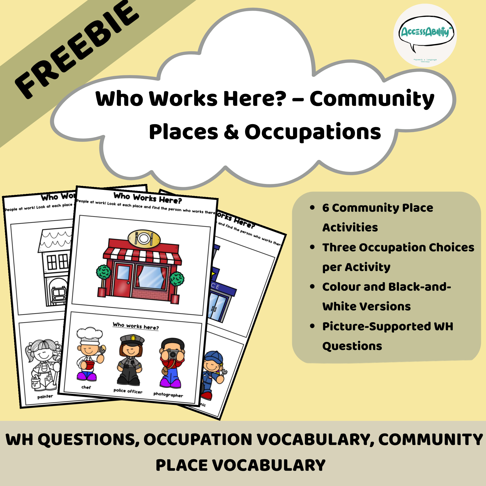 FREE Community Helpers WH Questions | Who Works Here? Occupations &amp; Places