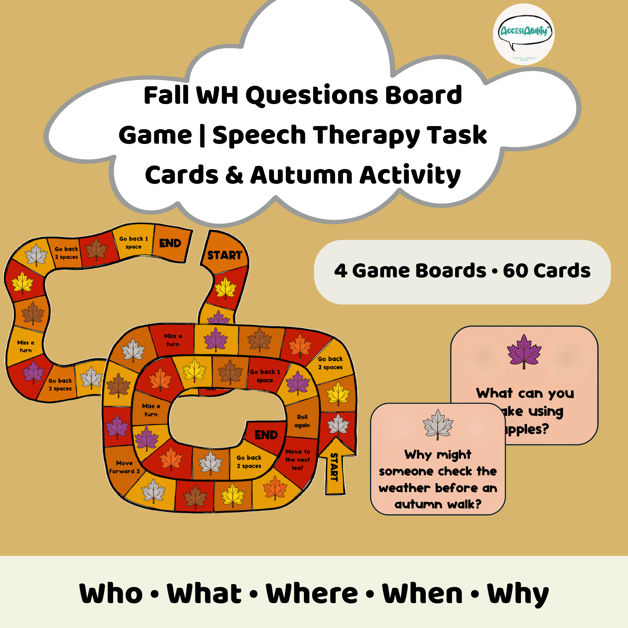 Fall WH Questions Board Game | Speech Therapy Task Cards &amp; Autumn Activity