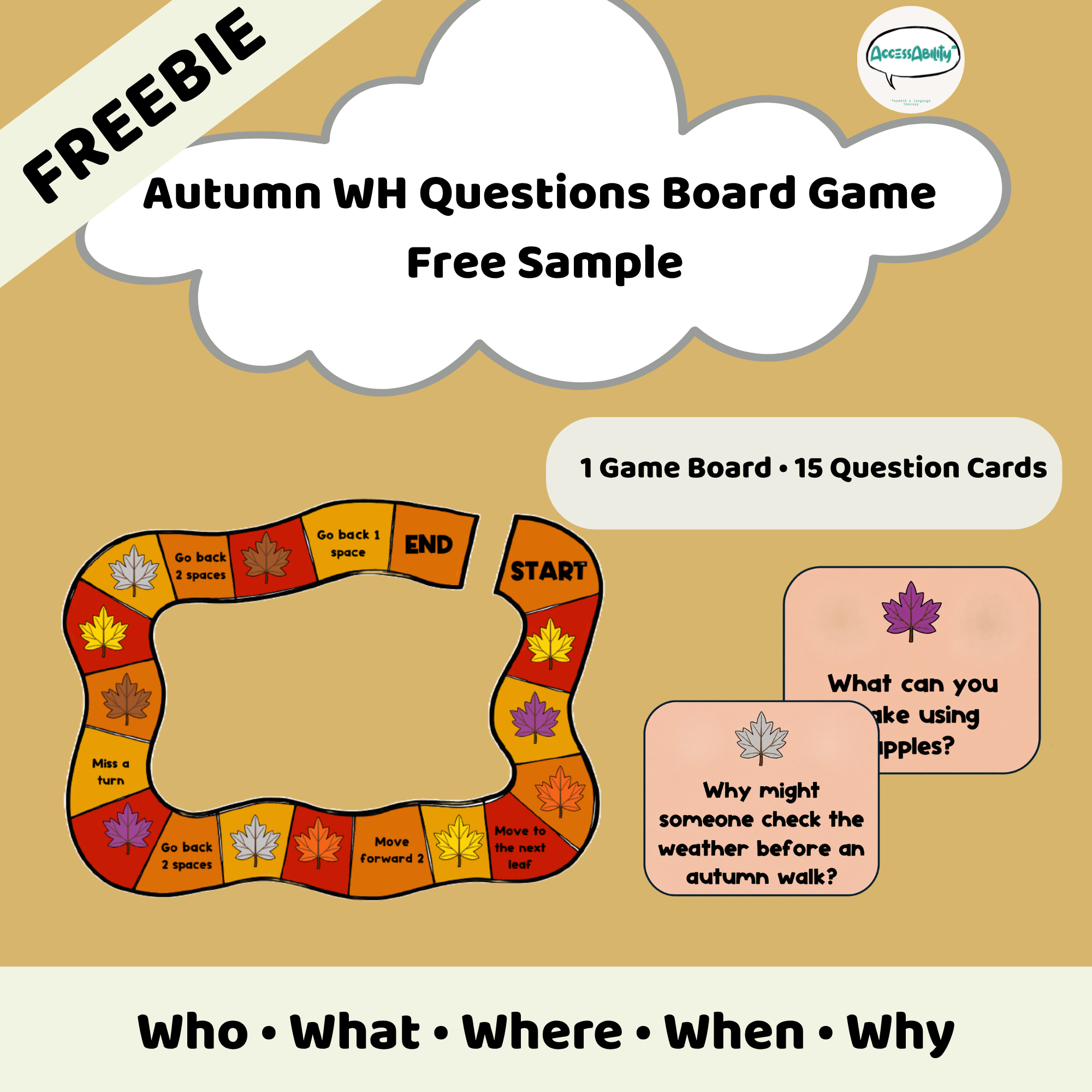 Fall WH Questions Board Game Freebie | Autumn Speech Therapy Task Cards