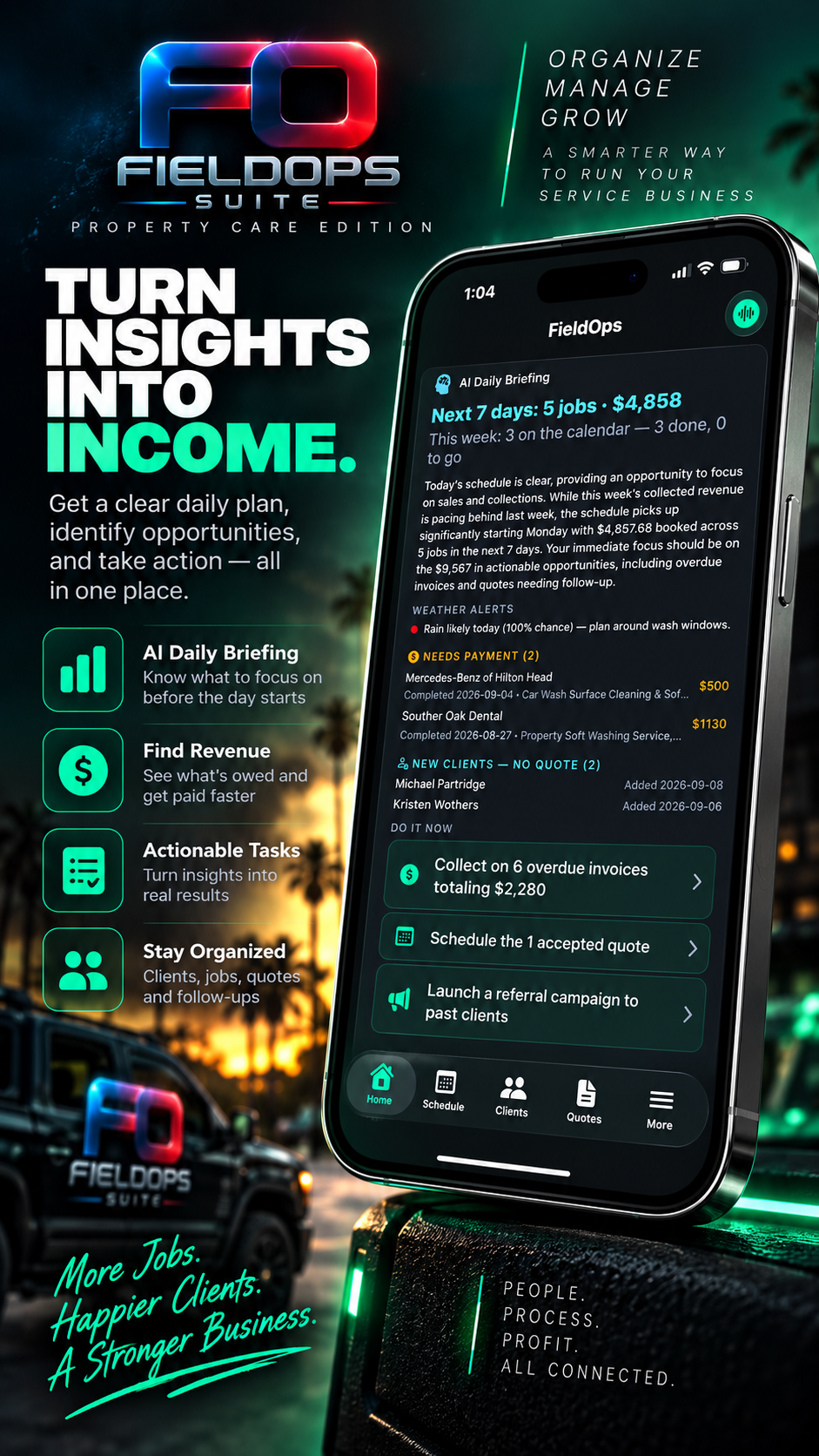 Promotional image for FO FieldOps Suite Property Care Edition featuring a mobile app interface with task management and revenue tracking, set against a background with a police vehicle, sunset, and palm trees.