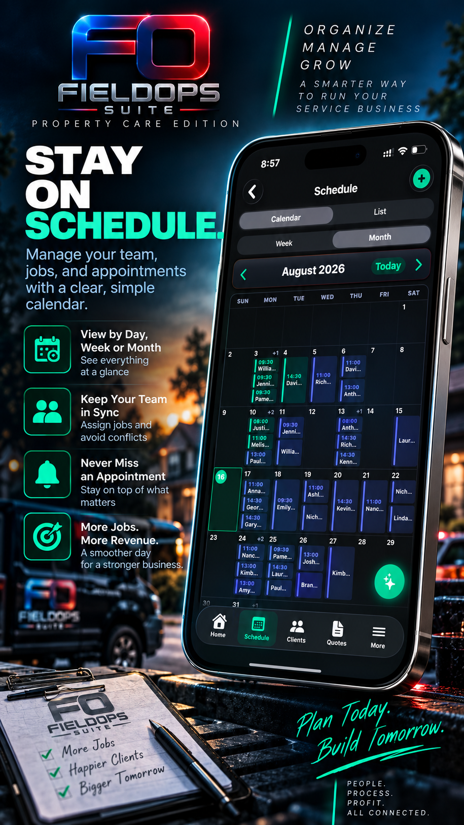 An advertisement for the FO Fieldops Suite property care edition, showcasing a mobile app calendar with scheduled appointments for August 2026, promoting managing teams, jobs, and appointments with a clear calendar. The background shows a parking lot with cars and a sunset sky, and a clipboard with a checklist that includes more jobs, happier clients, and bigger tomorrow.