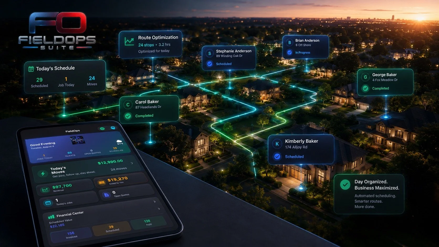 A digital graphic illustrating a smart scheduling system called FieldOps Suite. Features a computer screen showing a dashboard with job and financial details, and a cityscape at sunset with illuminated houses, connected by lines indicating optimized routes and scheduled jobs.