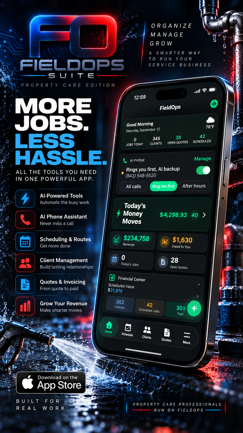 Poster advertising the FieldOps Suite property care app, featuring a smartphone screenshot of the app's interface, with tools for managing jobs, clients, quotes, and revenue, emphasizing productivity and efficiency for property care professionals.