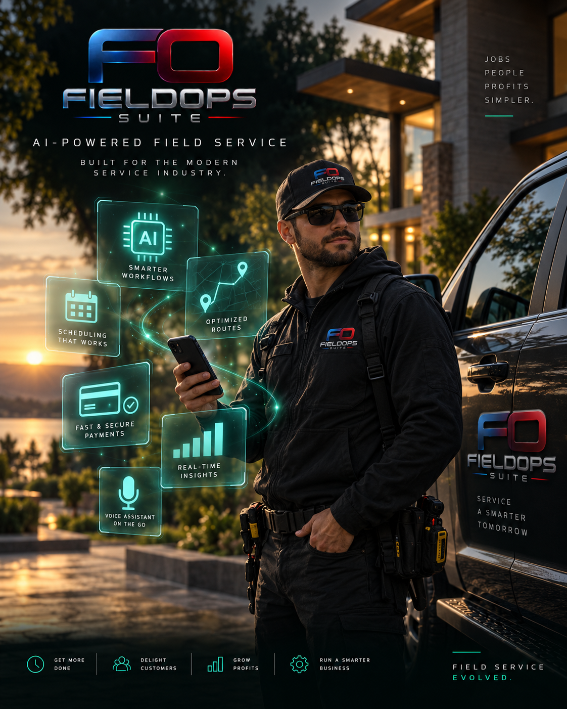 A male service worker in black uniform with 'FO FIELDOPS' logo, standing outdoors during sunset, holding a smartphone, beside a service vehicle with the same logo. Digital graphics highlight features of AI-powered field service management, including smarter workflows, optimized routes, secure payments, real-time insights, scheduling, and voice assistant.