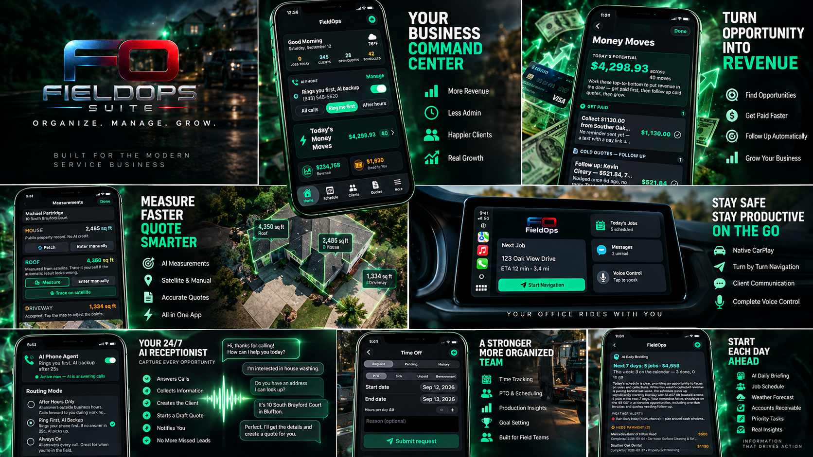 A collage of various mobile app screens showcasing business management, real estate measurement, transportation, and communication tools with a backdrop of vehicles and outdoor scenes, emphasizing productivity and organization.