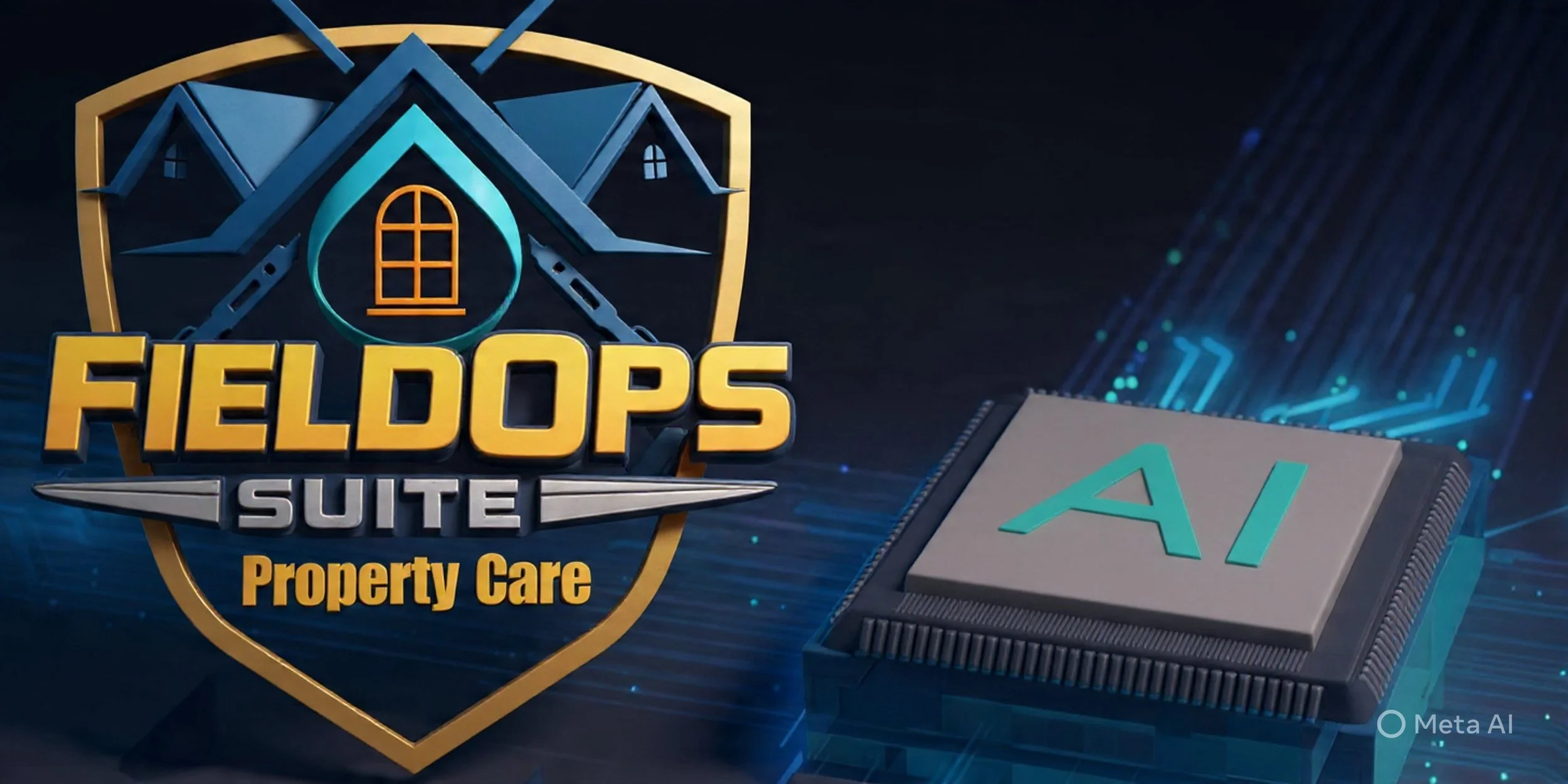 Logo for FieldOps Suite Property Care featuring a stylized house and electronic circuit components, with the words 'FIELDOps SUITE' and 'Property Care' prominently displayed.
