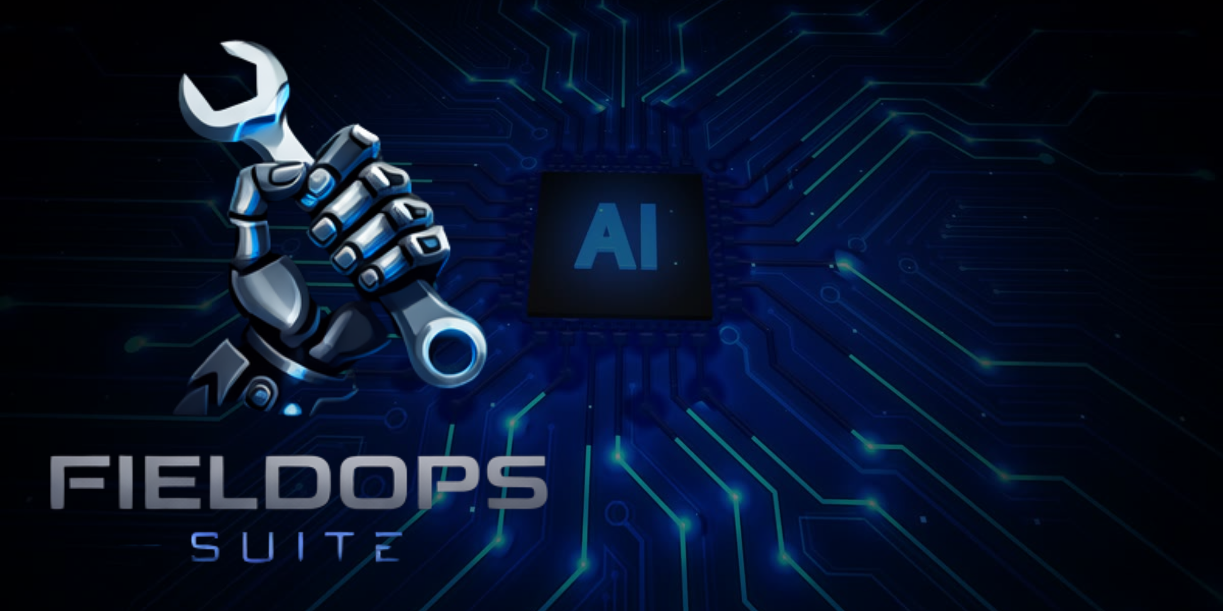 Digital illustration of a robotic hand holding a wrench, with a circuit board and a chip labeled 'AI' in the background, representing artificial intelligence and automation.