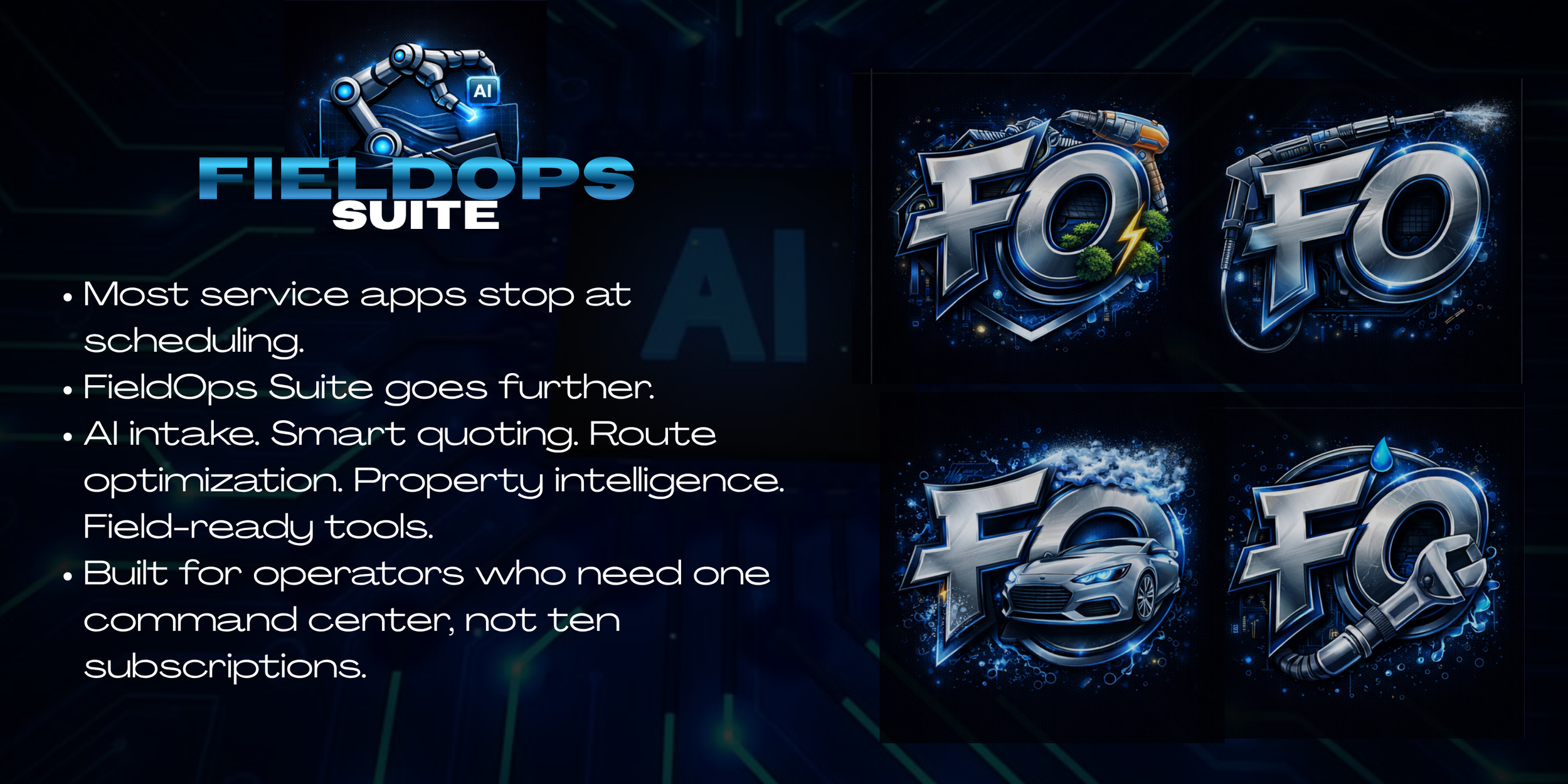 Graphic promoting FieldOps Suite with robotic arm, logo, and images of a drill, car, and robotic tools, accompanied by bullet points about features such as AI intake, smart quoting, route optimization, property intelligence, and field-ready tools.