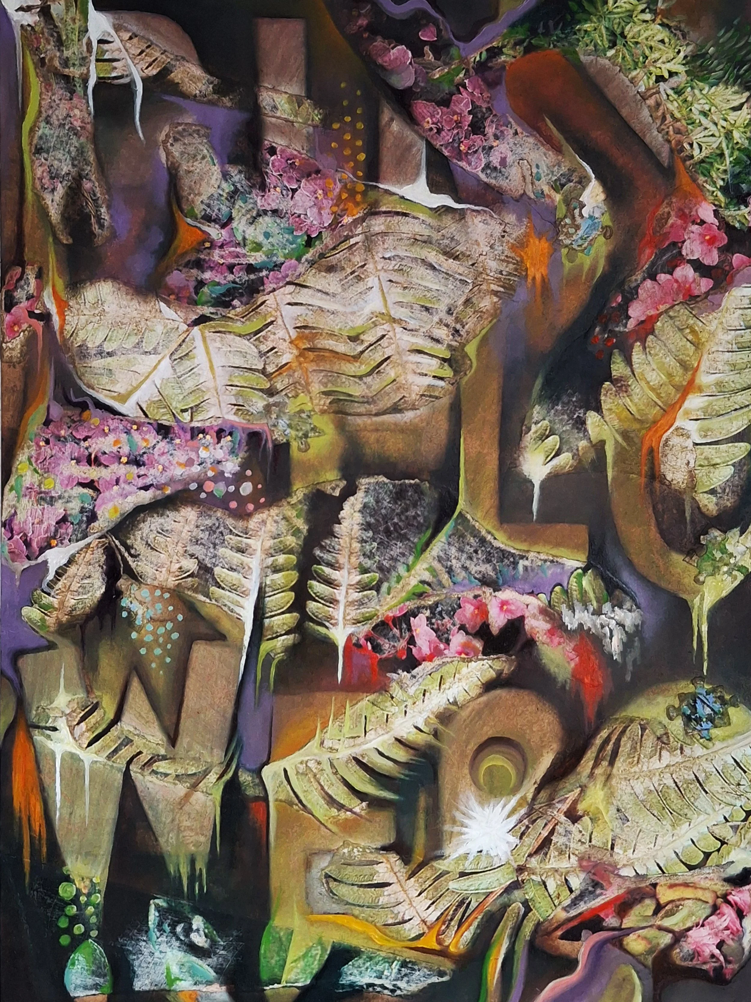 Punk Flowers [when the trees speak, I listen] / 16 x 12" / Oil, charcoal, mixed media on board / 2025