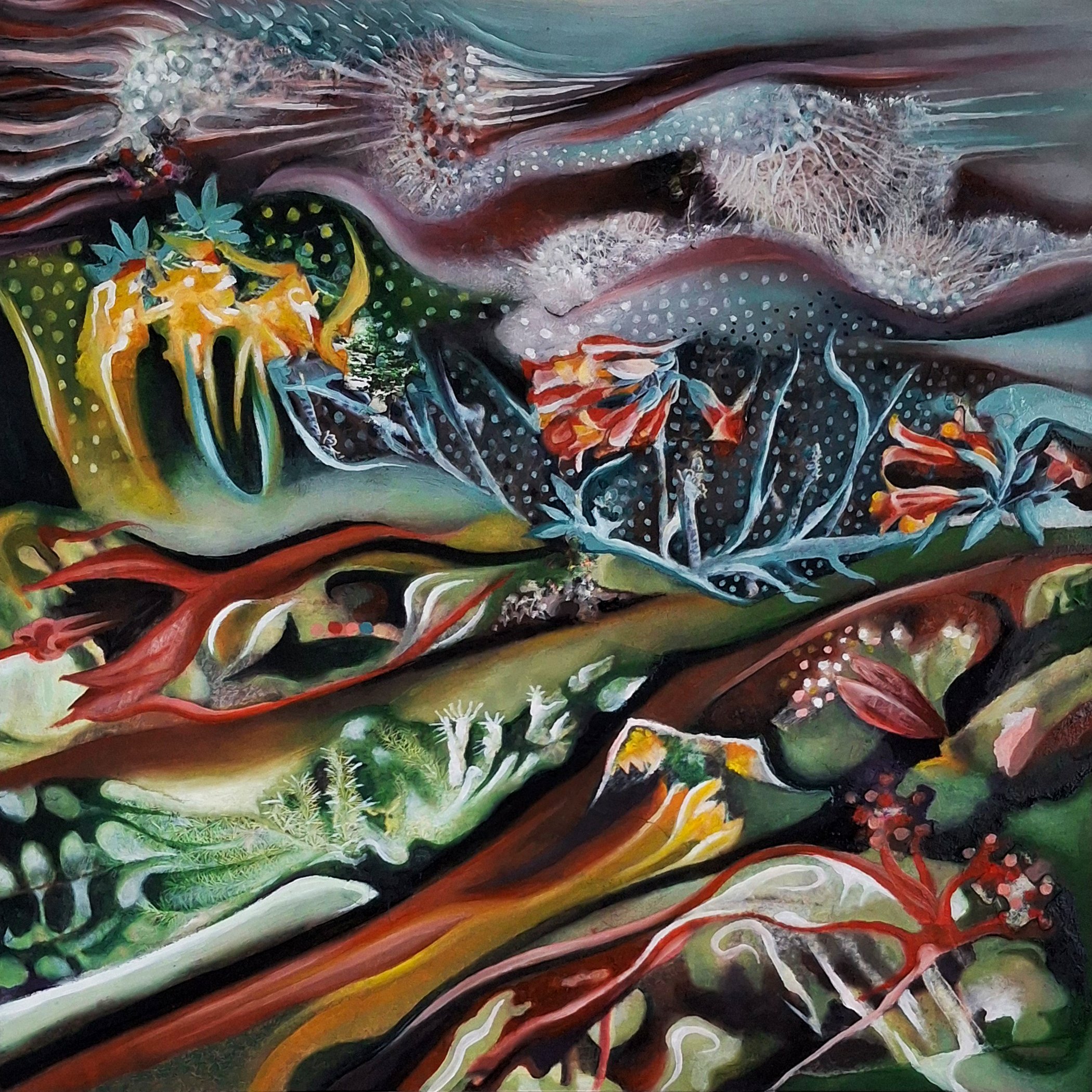 A transformative dust / 12 x 12" / Oil and mixed media on board / 2025