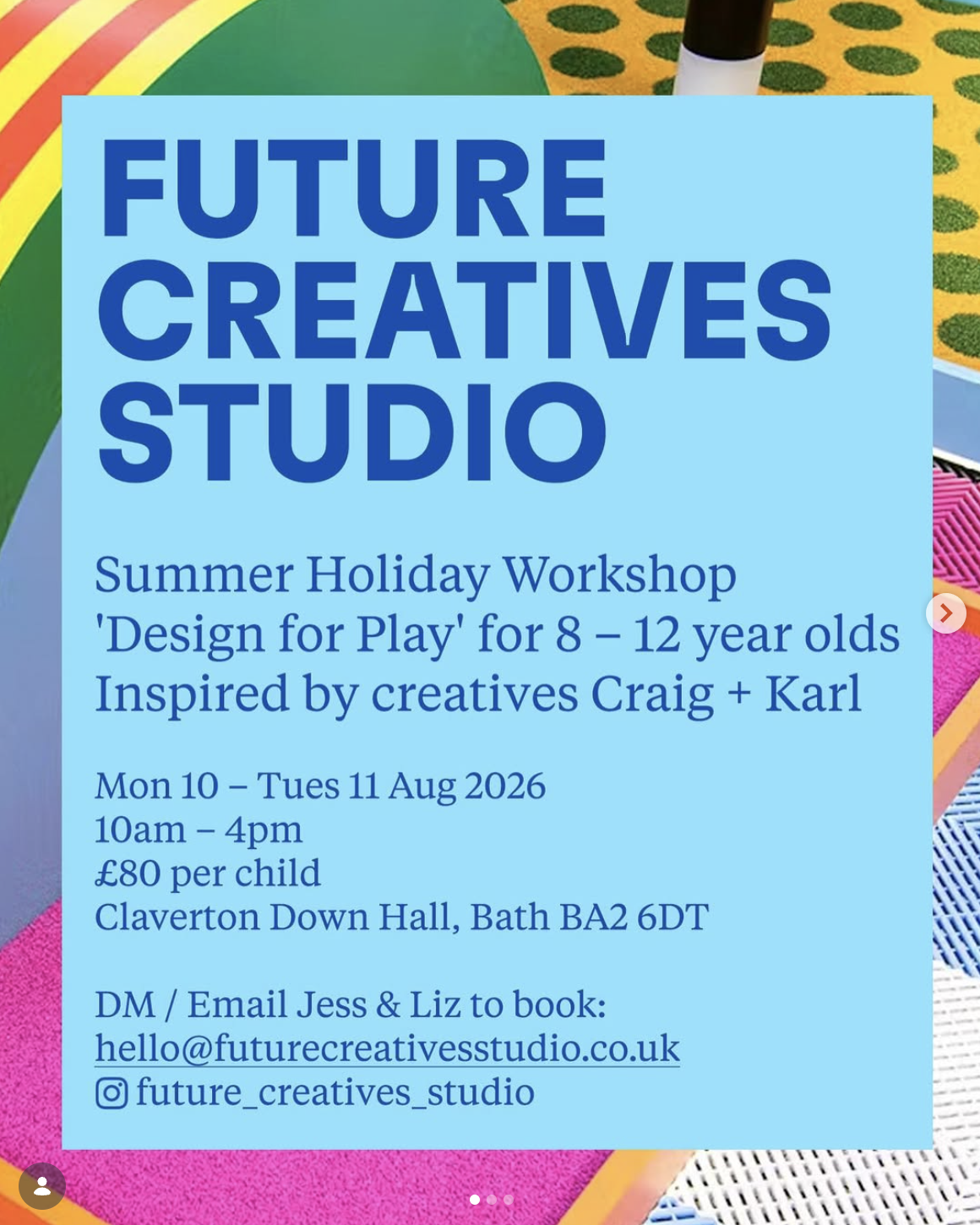 Poster for Future Creatives Studio summer holiday workshop featuring colorful, abstract play structures and patterns, promoting a design workshop for children aged 8 to 12.