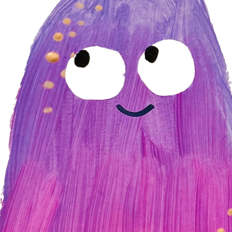 Colorful, hand-painted purple creature with large eyes, smiling mouth, and yellow dots on its head.