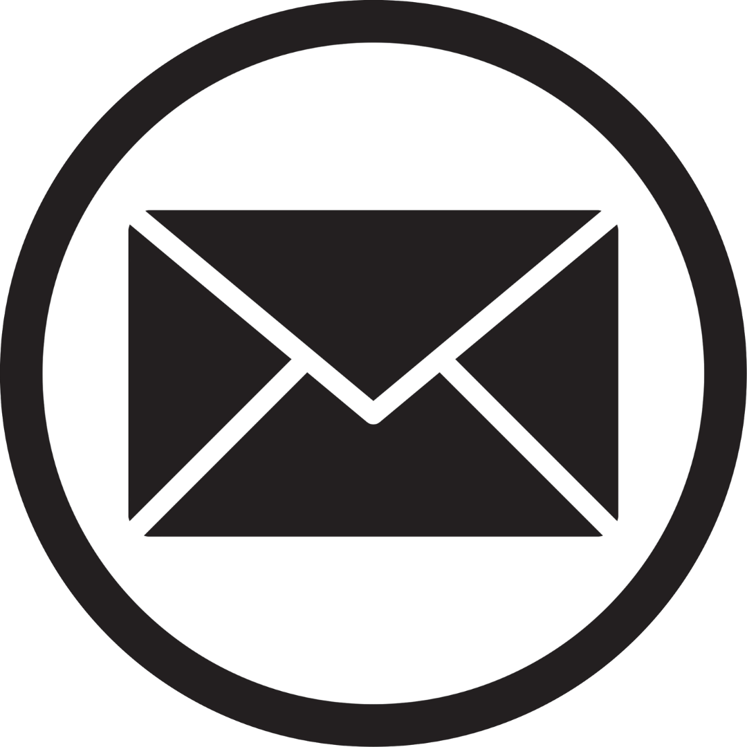 Solid black envelope icon representing email or mail inside a thick circular frame.