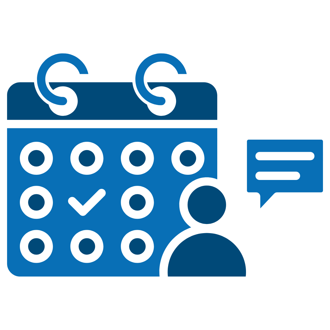 Icon of a calendar with a person and a speech bubble