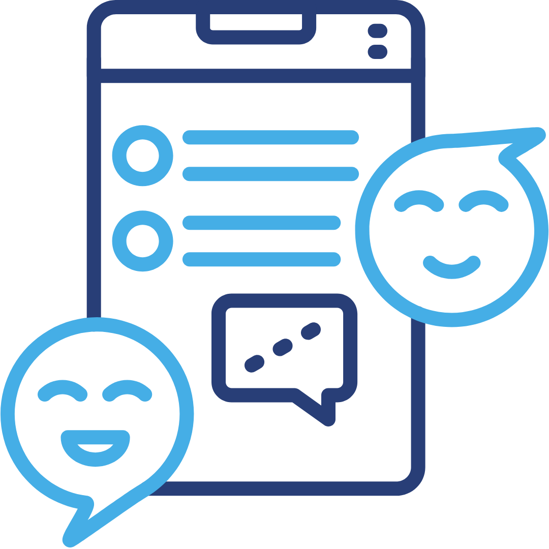 Outline of a smartphone with conversation and smiley face emojis, representing positive messaging or chatting.