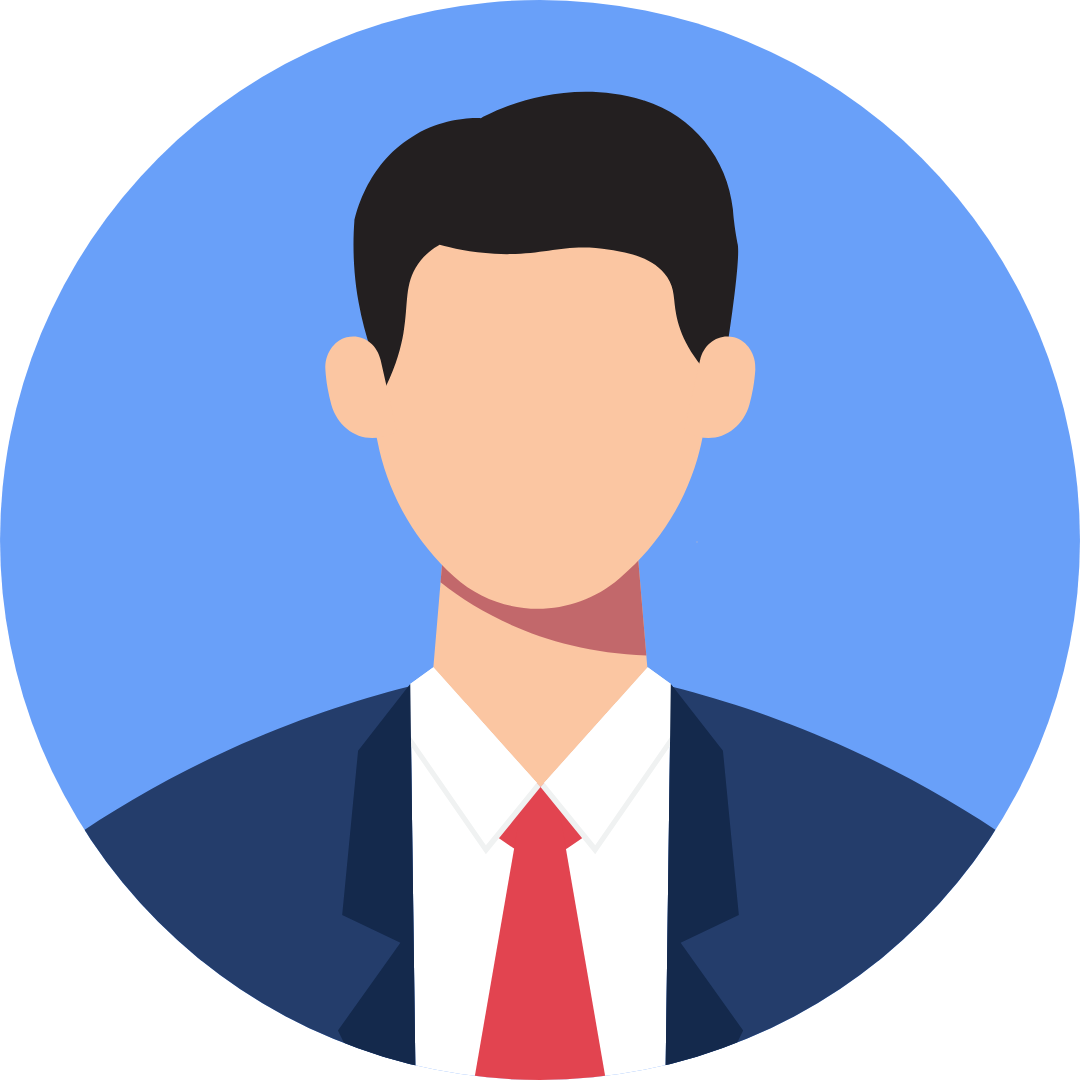 Professional male avatar illustration featuring a man in a dark navy blue suit, white dress shirt, and red necktie, set against a medium blue circular backdrop.