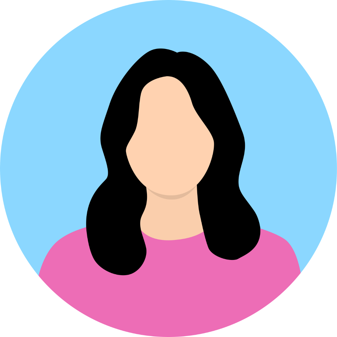 Modern flat design female avatar with long, wavy black hair wearing a vibrant pink shirt, positioned against a bright sky-blue circular background.