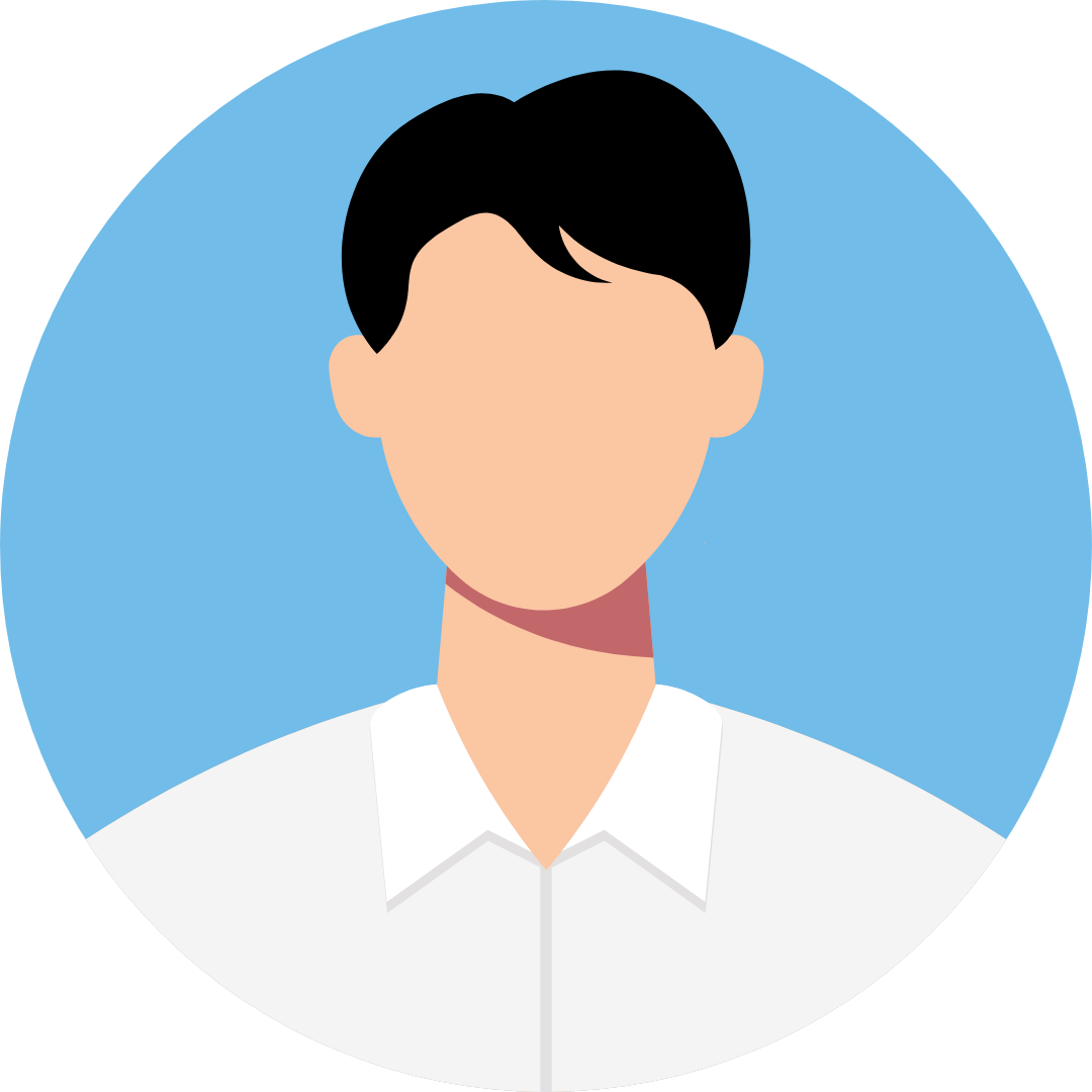 Minimalist flat vector avatar of a man with short black hair and a side part, wearing a white button-down shirt against a light blue circular background.