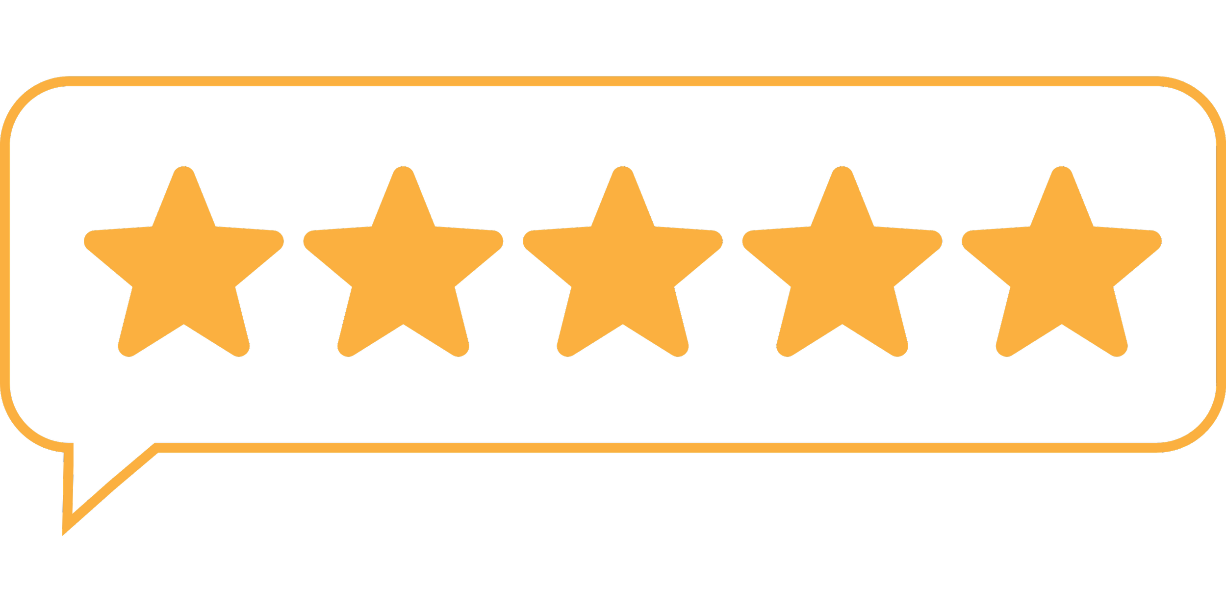 Five-star review badge with a white background, gold outline, and five gold stars inside a speech bubble outline.