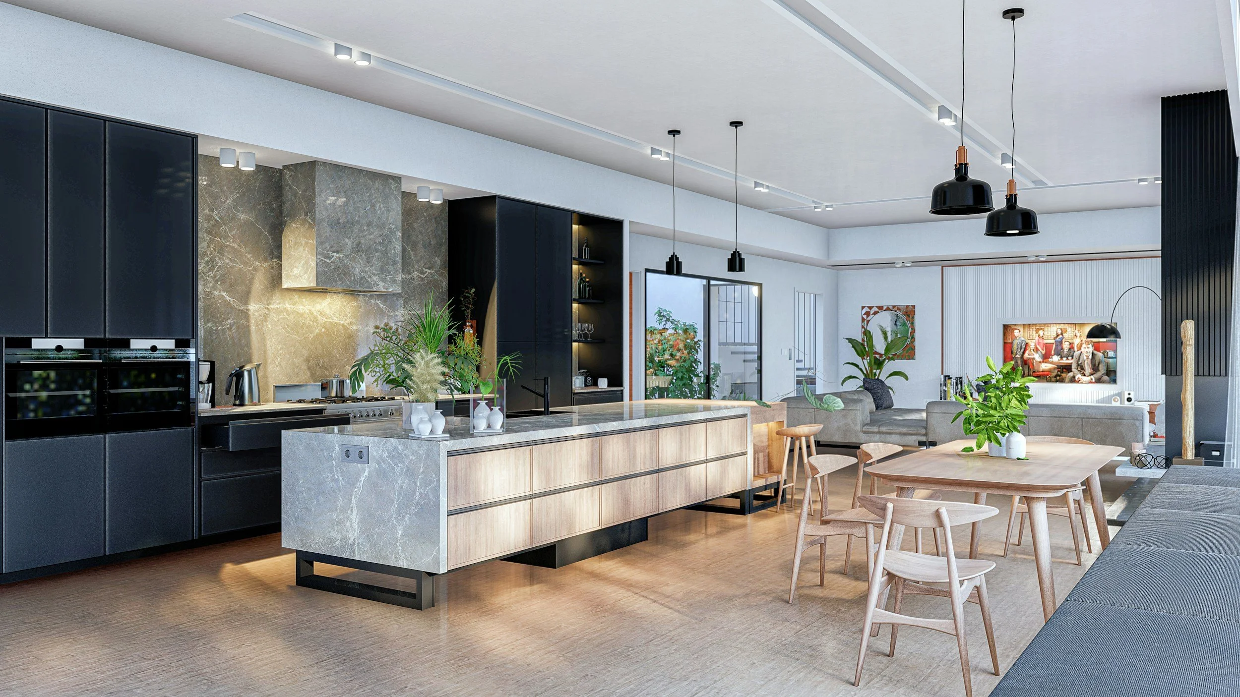 Intérieur moderne d'une cuisine et salon avec meubles en bois clair, comptoir en marbre, cuisine noire, plantes vertes, et télévision.