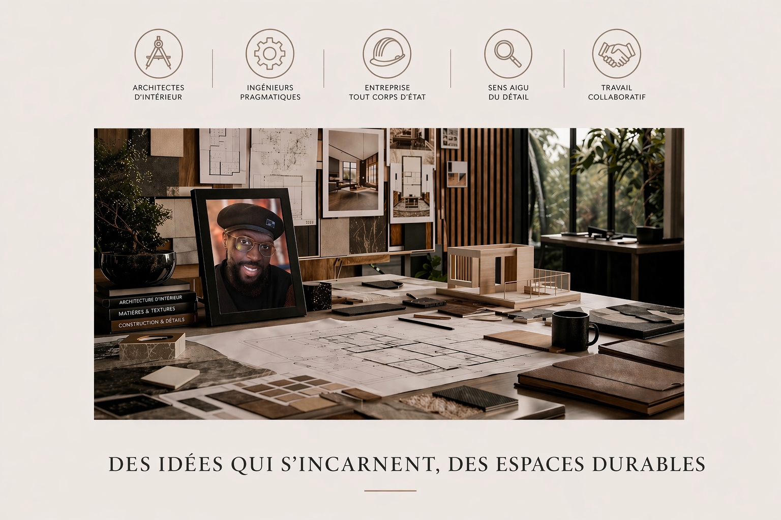 Un bureau avec des plans d'architecture, des échantillons de matériaux, un cadre avec une photo d'un homme portant des lunettes et un béret, ainsi que des modèles réduits de bâtiments, avec un mur de panneaux et des fenêtres à l'arrière, évoquant un espace de conception architecturale ou de design d'intérieur.