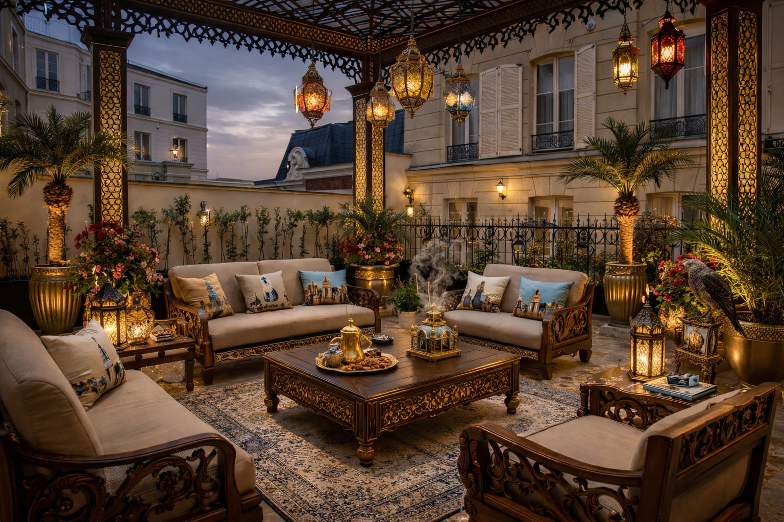 Salon de terrasse élégant avec canapés et fauteuils en bois sculpté, coussins décoratifs, tapis, tables en bois, lampes en métal doré, plantes tropicales, lanternes suspendues, à l'extérieur avec vue sur bâtiments parisiens au coucher de soleil, ambiance chaleureuse et luxe.