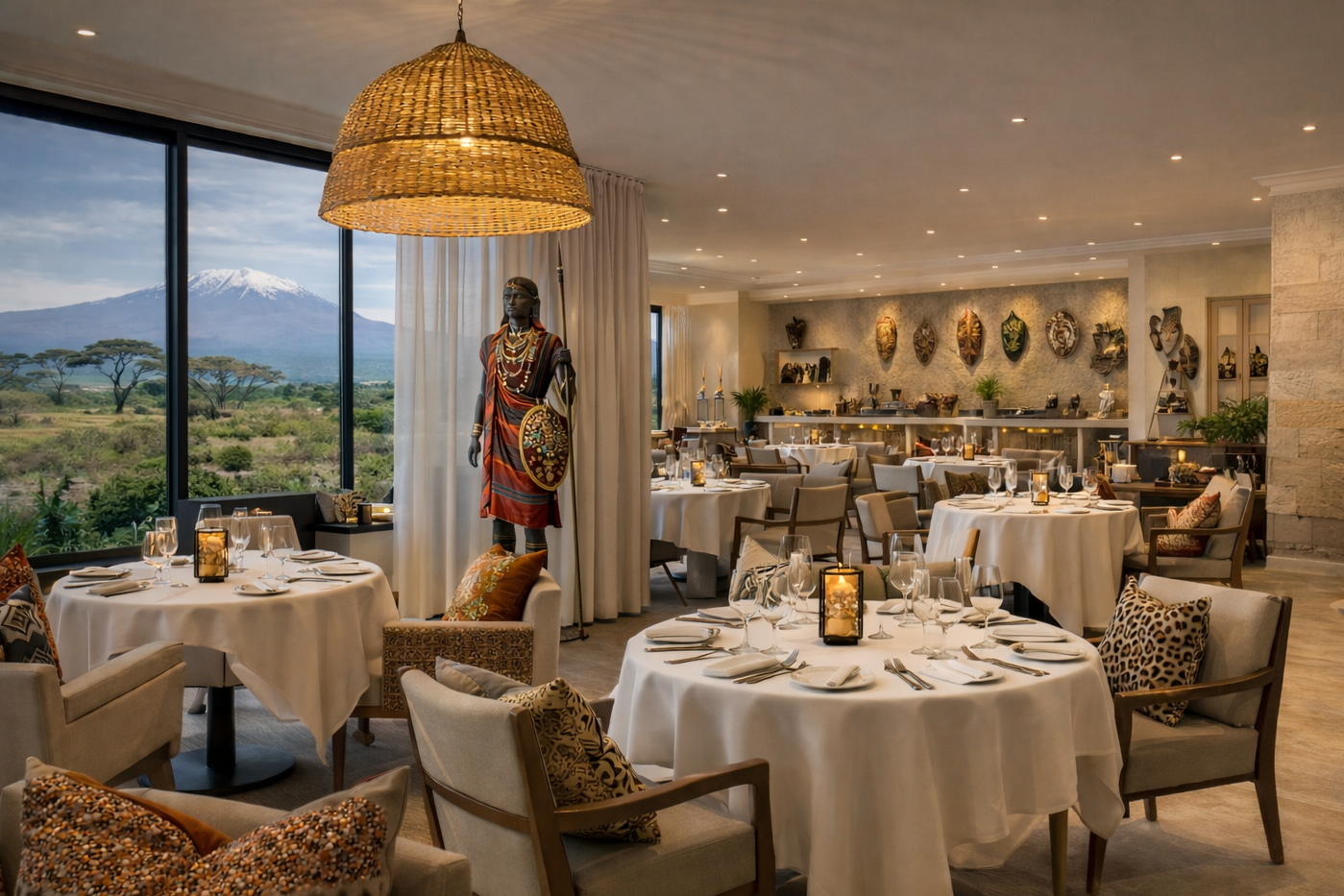 Salle à manger élégante avec des tables rondes recouvertes de nappes blanches, décorée avec des objets d'art et des sculptures, offrant une vue panoramique sur un paysage avec des montagnes et des arbres.